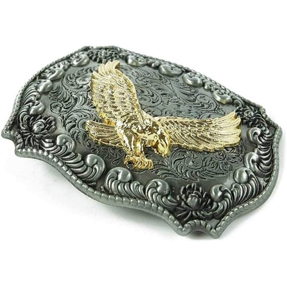 Men's Black/Gold American Cowboy Rodeo Small Eagle Flag Western Belt Buckle - Picture 2 of 4